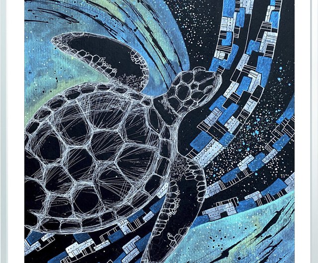 Sea turtle painting Animal Original watercolor Black paper artwork