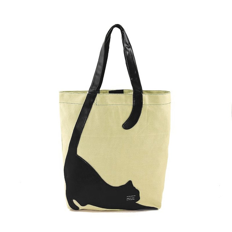 Sleepyville Critters - Stretching Cat Silhouette On Canvas Tote Bag - กระเป๋าแมสเซนเจอร์ - ผ้าฝ้าย/ผ้าลินิน สีกากี