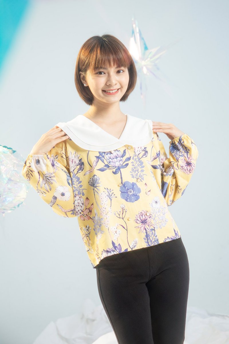 【波麗印花】雙層領片 造型上衣 開襟外套 皇后黃 大尺碼 - 女大衣/外套 - 棉．麻 黃色