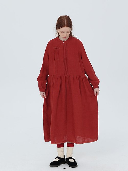 豆屋製 衣 紅色水洗亞麻改良中式塔克長袖洋裝