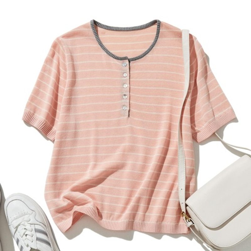Pastel Stripe Summer Knit Top - Sweet & Chic, Lightweight, Breathable, Slimming Fit - 240611-3 - Women's Tops - Cotton & Hemp 