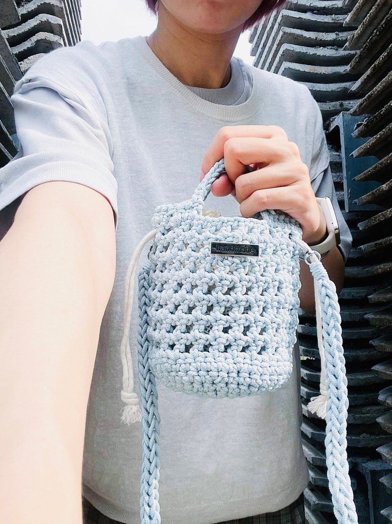 Woven Squeaky Bucket Bag - Light Blue Handwoven Woven Bag - Drawstring Bags - Other Man-Made Fibers 