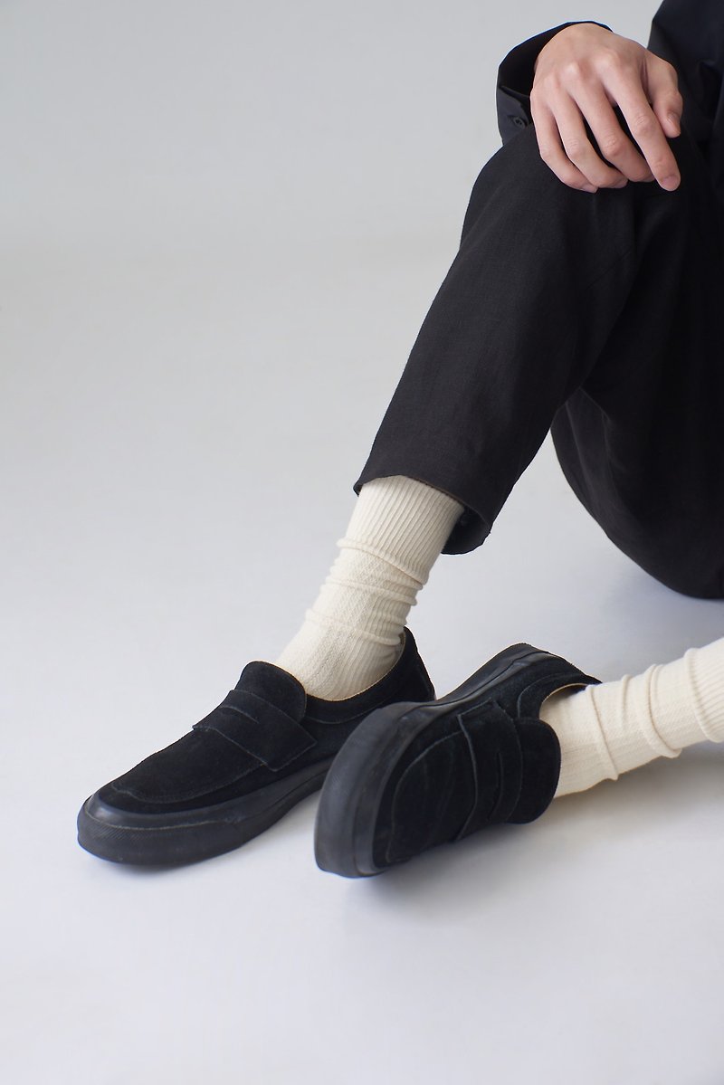 棉．麻 襪子 卡其色 - 有機棉米胚色織紋長襪