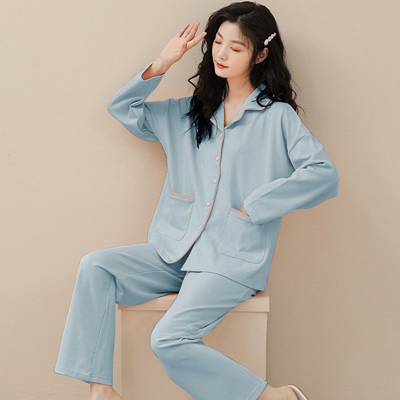 Pink Lady 排扣式 幻霧藍天 棉柔秋冬長袖成套睡衣 居家服 - 睡衣/家居服 - 其他人造纖維 藍色