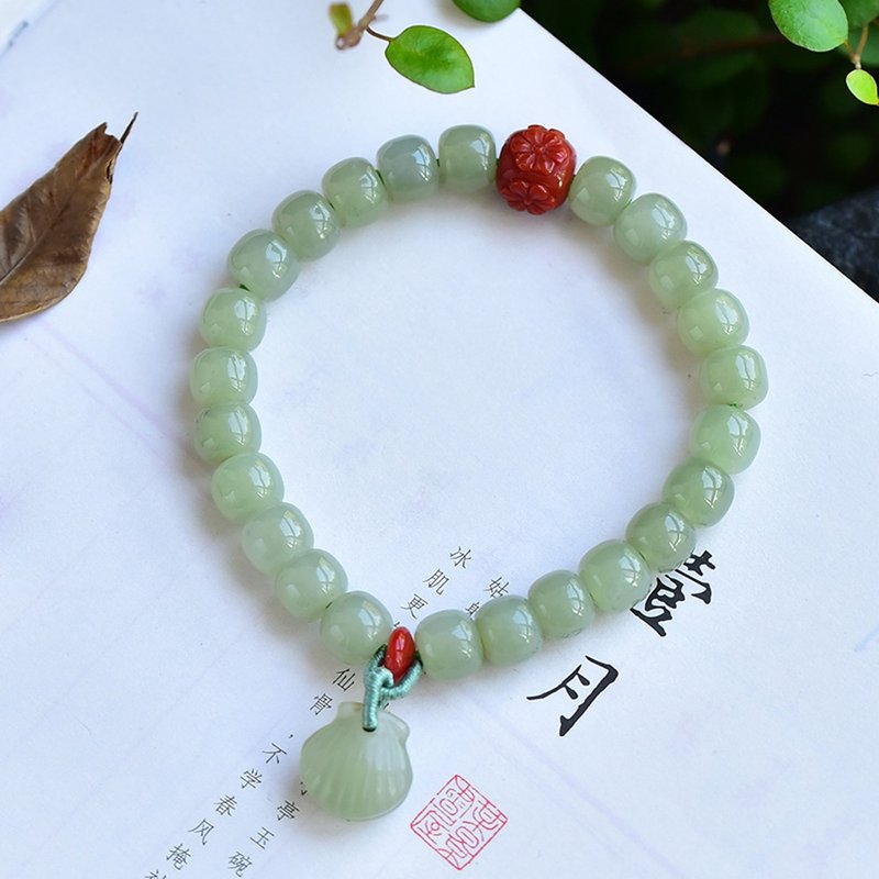精品天然和田玉老型珠手鏈 配珠南紅 點綴天然和田玉貝殼吊墜 - 手鍊/手環 - 玉石 