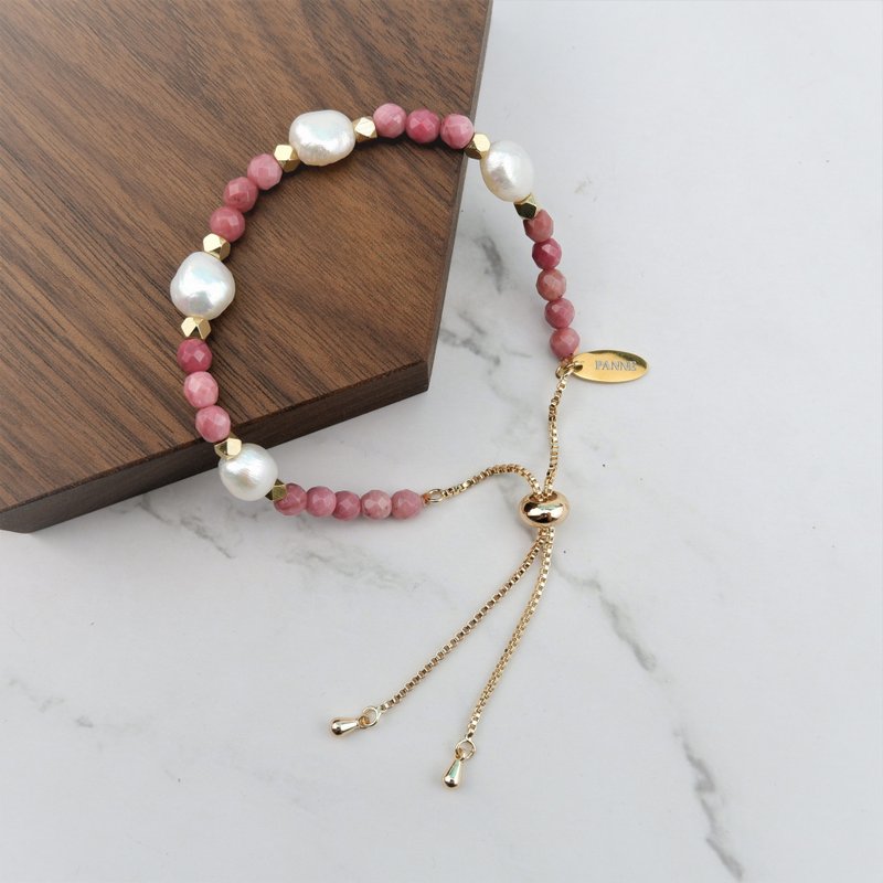 Freshwater Pearl and round stone Slider Bracelet - 手鍊/手環 - 珍珠 粉紅色
