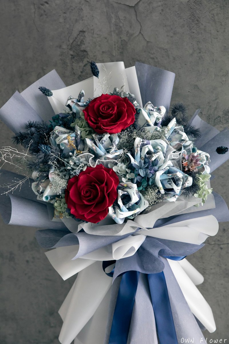 大型花束/錢花花束/鈔票花束/錢花束/有錢花/永生花花束/生日花束 - 乾燥花/永生花 - 植物．花 藍色