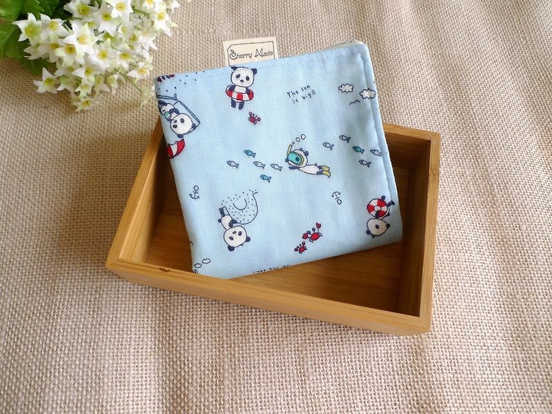 Cotton Gauze Handkerchief - Beach Kitten Bear (Blue) - Bibs - Cotton & Hemp Blue