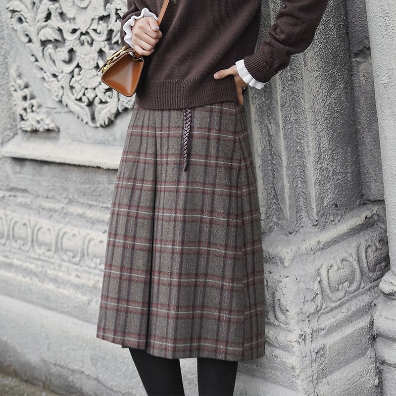 棕綠蘇格蘭格紋松緊半裙|裙子|秋冬款|羊毛+聚酯纖維|Sora-610 - 裙子/長裙 - 羊毛 