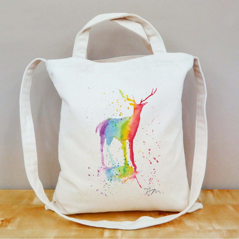 [Sam Earth Rainbow Series] Illustrator Sam. Sam Ze Rainbow Deer Straight Canvas Bag - กระเป๋าคลัทช์ - ผ้าฝ้าย/ผ้าลินิน สีกากี