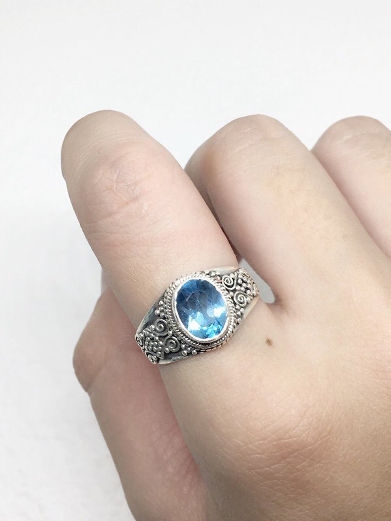 藍托帕石925純銀重工典雅戒指 尼泊爾手工鑲嵌製作(款式5) - 戒指 - 寶石 藍色