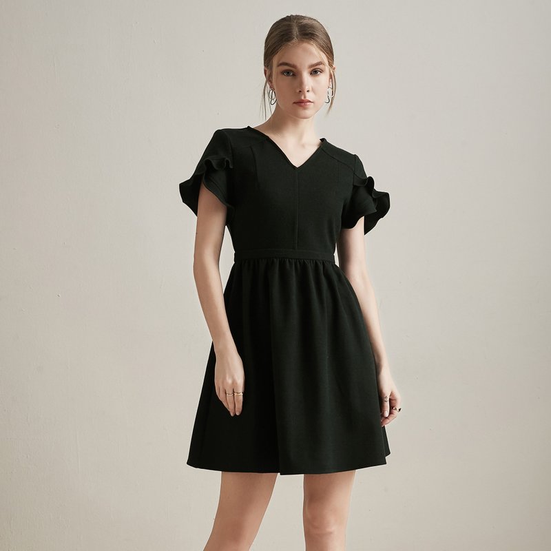 法烏娜花瓣袖連身裙 - 連身裙 - 聚酯纖維 黑色