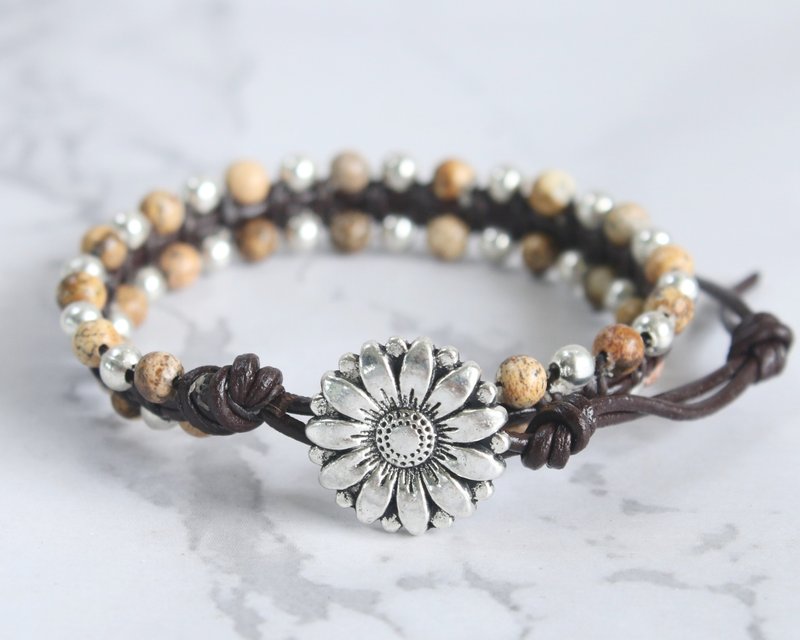 Jasper Leather Wrap Sunflower Bracelets For Women Best Friends Gift - 手鍊/手環 - 真皮 咖啡色