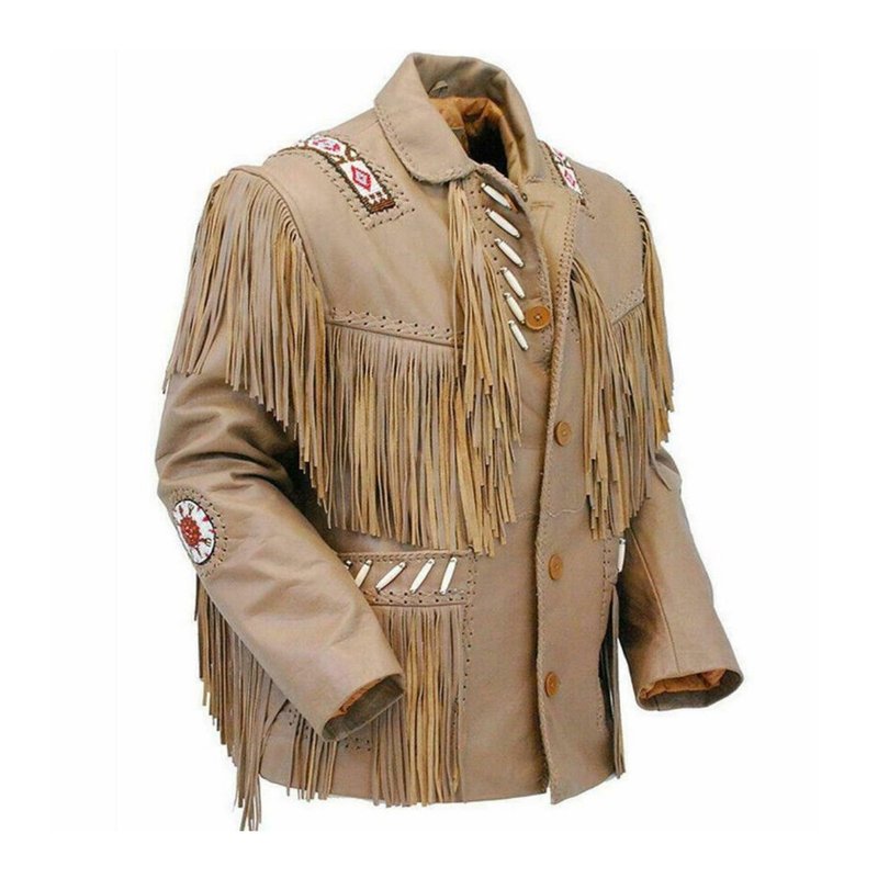 Native Western American Fringed Leather Coat - 男夾克/外套 - 真皮 卡其色