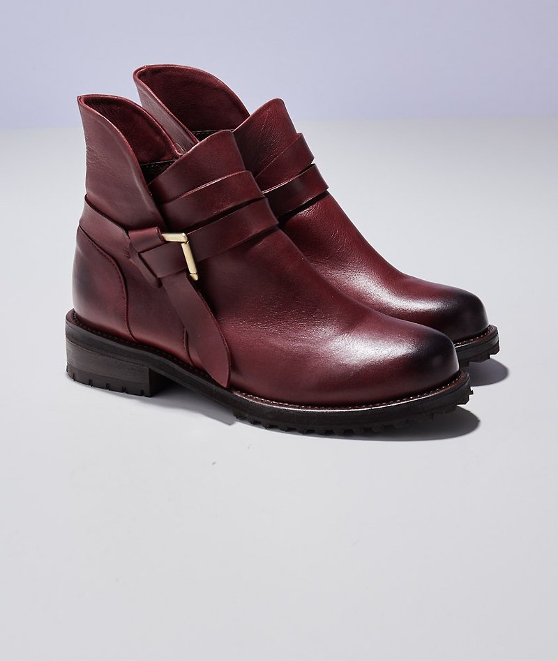 [Wilderness Adventure] Wax-feeling leather with buckles and ankle boots_ Burgundy red (only 22) - Women's Booties - Genuine Leather Red