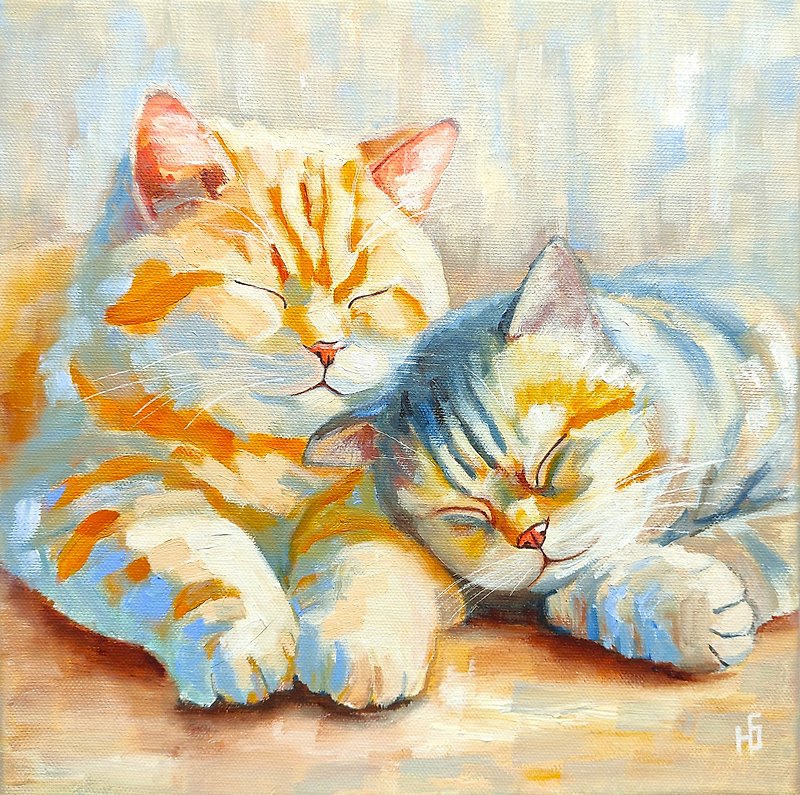 Sleeping Cats Painting, Couple Original Art, Romantic Pet Portrait, 手工油畫, 油畫原作 - 海報/掛畫/掛布 - 其他材質 多色