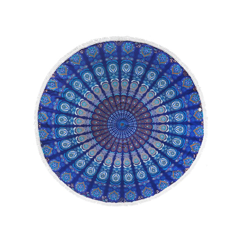 印度孔雀絲邊圓形掛毯 / 野餐墊 / 沙灘巾 － 和平 - 野餐墊/露營用品 - 棉．麻 藍色