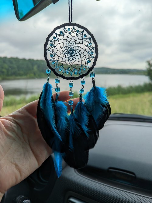 VIDADREAMS Handmade Lake Blue with Black Small Dream Catcher | Car Rearview Mirror Hanger