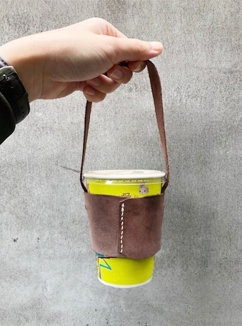 飲料提袋  焦糖咖   義大利真皮手做   獨家設計可收納 - 飲料提袋/杯袋/杯套 - 真皮 咖啡色