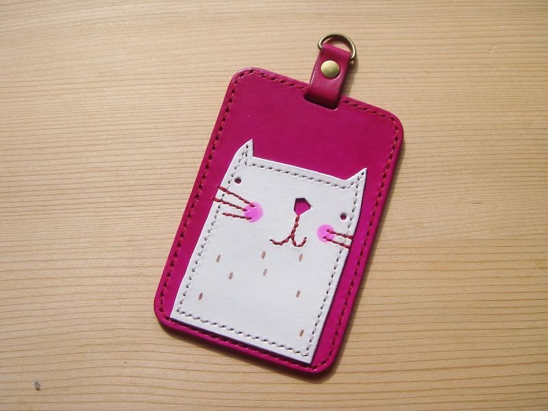 ISSIS - Summer Pink Little White Cat ID Card Holder Easy Travel Card Holder - ที่ใส่บัตรคล้องคอ - หนังแท้ 
