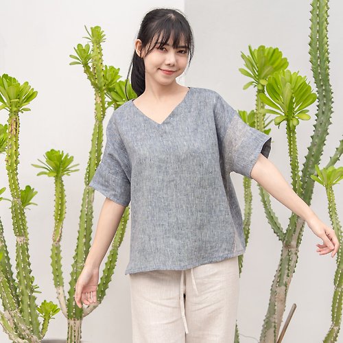 Candith Natural Linen V neck top with with Red Zigzag Hand-Stitching - Greyish Blue