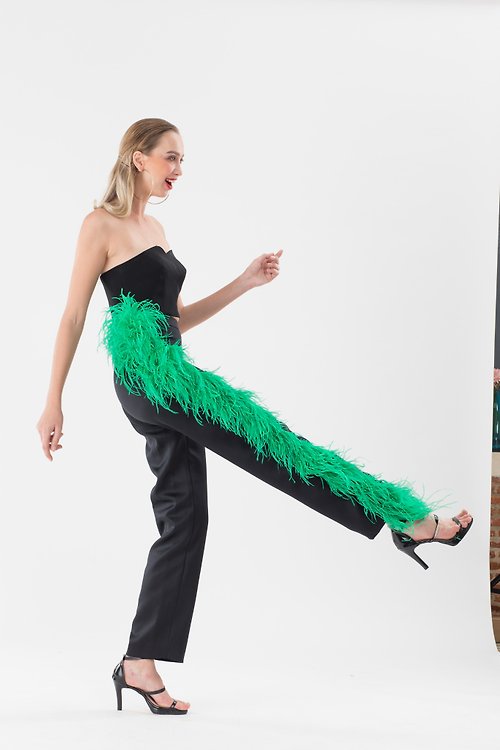 sginstar Jaclyn Black Ostrich Feather Boa Pant Feather Pant