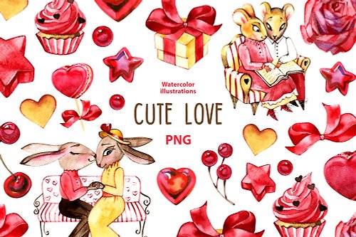 Natali Mias Store Watercolor Love clipart set, 14 Png, Cute bunny Clipart, Cottagecore clipart