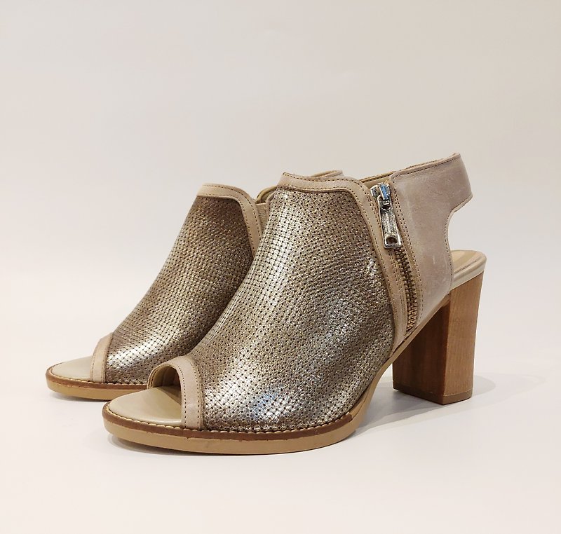 Italian brown metallic high heel sandals - รองเท้าส้นสูง - หนังแท้ สีกากี