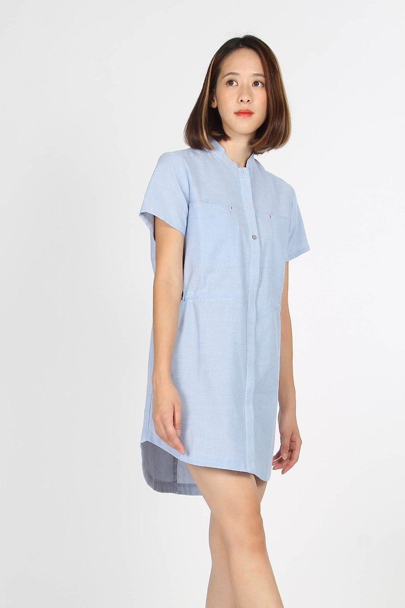 Two-pocket long short-sleeved shirt/ dress/ coat - ชุดเดรส - ผ้าฝ้าย/ผ้าลินิน สีน้ำเงิน