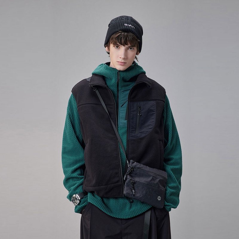 男性用機能性高领ポリエステルジャケット・ベスト 保温性アウター - ベスト メンズ - ポリエステル ブラック