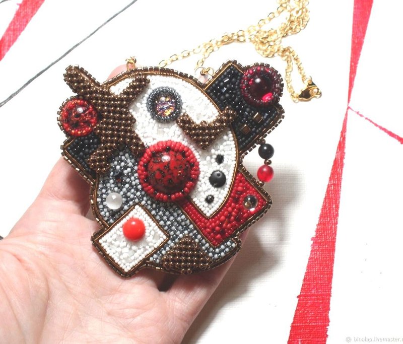 用玻璃米珠和編織元素刺繡的抽象吊墜 - 項鍊 - 玻璃 多色