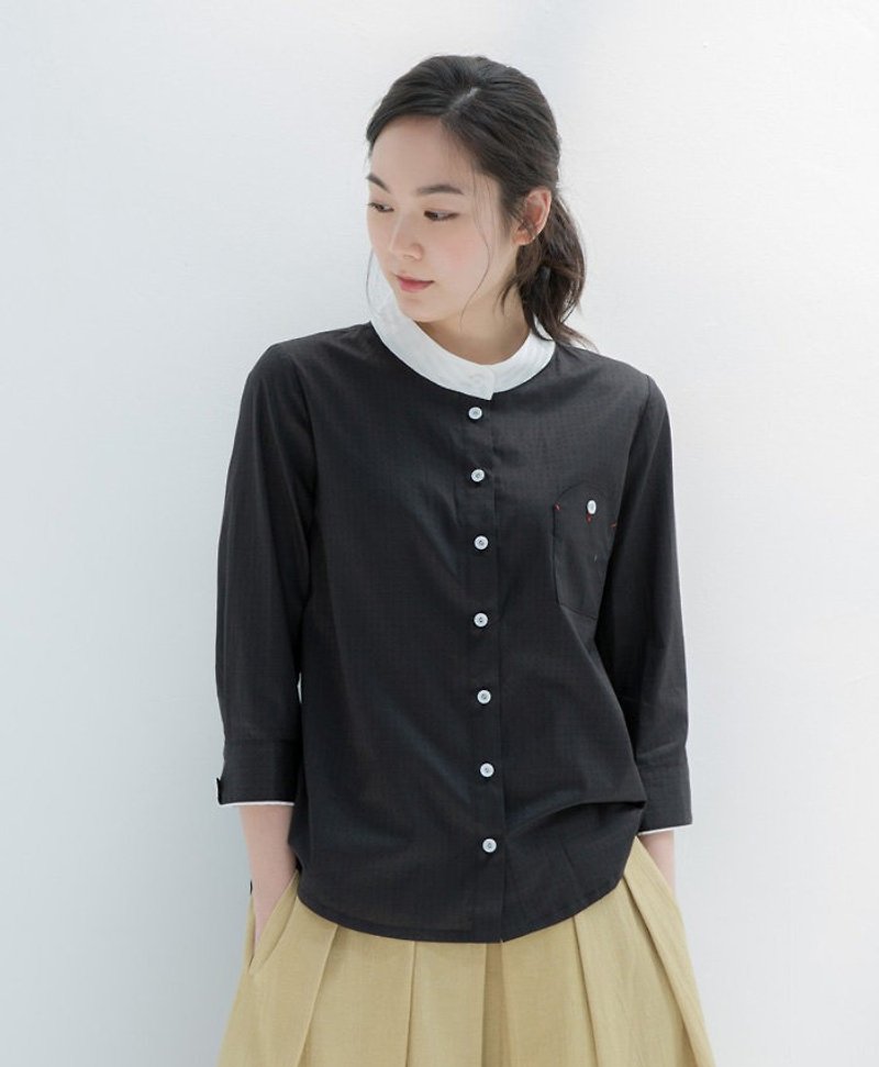 Rain sparkling collar collar sleeves shirt - Qian black - เสื้อเชิ้ตผู้หญิง - ผ้าฝ้าย/ผ้าลินิน สีดำ