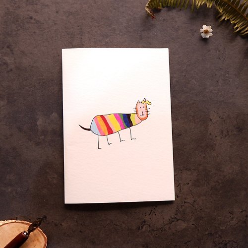 Jin design 【女兒】彩虹小貓 歐洲進口米色紋路折疊卡片及米白色信封
