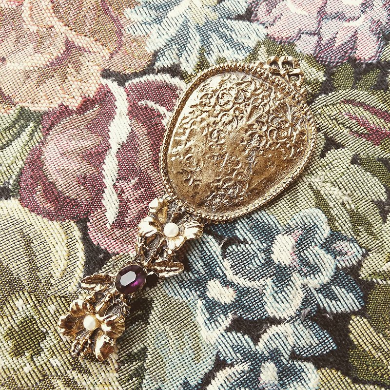 美國古董珠寶 扶桑花鑲嵌珍珠寶石 鏡子造型擺飾品 - 裝飾/擺設  - 其他金屬 金色