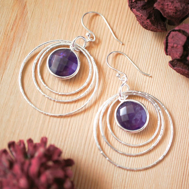 12mm Round RoseCut Amethyst Silver Dangling Earring - Earrings & Clip-ons - Gemstone Purple