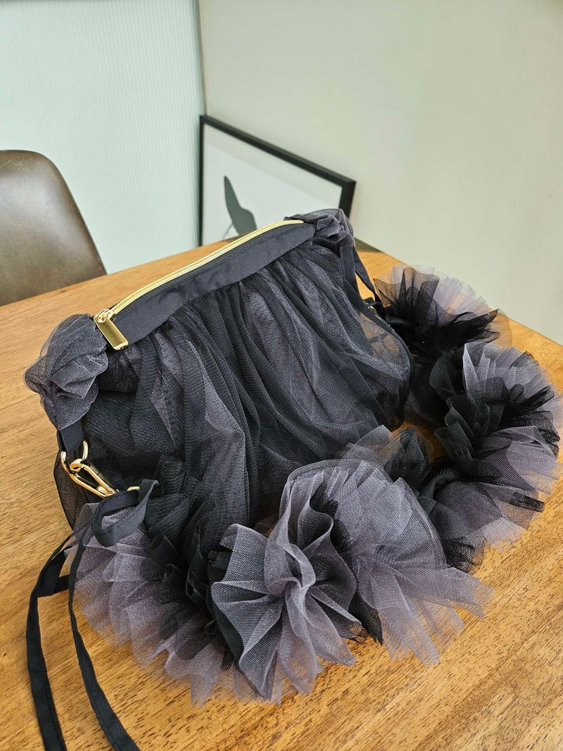 純手工網紗斜背包 – 附可拆卸肩帶的浪漫女人味包 - 側背包/斜背包 - 聚酯纖維 黑色