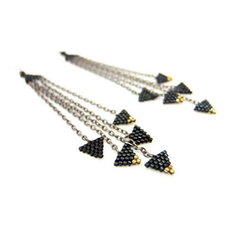 Black Triangle Earrings, Beaded Black Earrings, Black Dangle Earrings, Beaded Chain Earrings - Earrings & Clip-ons - Glass Black