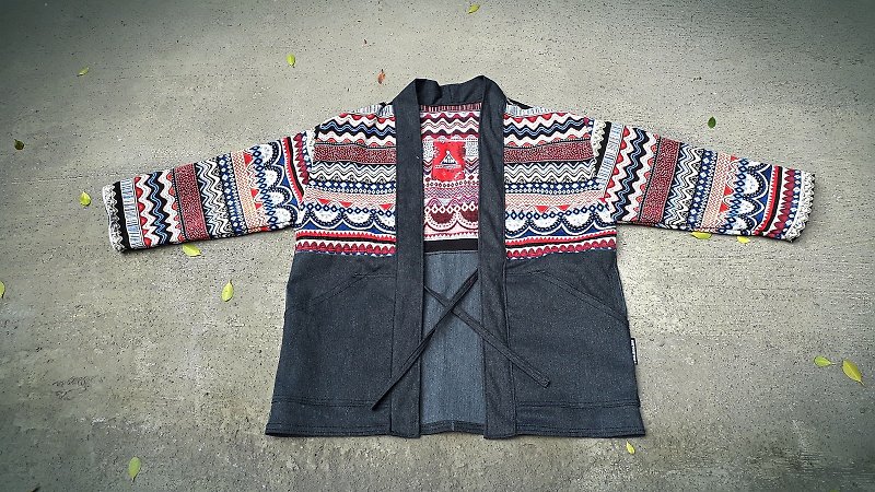 AMIN'S SHINY WORLD handmade custom KIMONO Persian ethnic jacquard fight black hem blouse coat coat - Women's Casual & Functional Jackets - Cotton & Hemp Multicolor