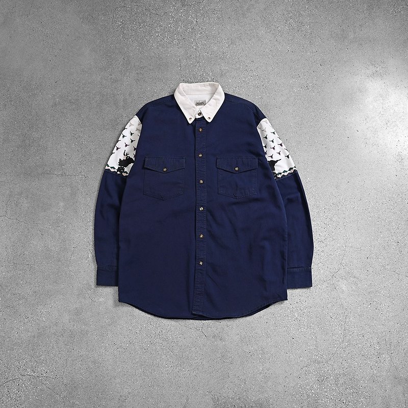 Vintage Shirt 圖騰襯衫 - เสื้อเชิ้ตผู้ชาย - ผ้าฝ้าย/ผ้าลินิน สีน้ำเงิน