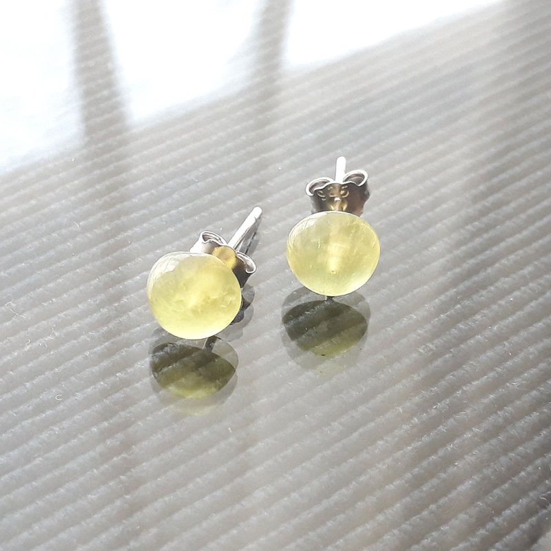 Gold Prehnite Stone Cabochon Round Earrings in Silver 925 (Clip Available) - Earrings & Clip-ons - Semi-Precious Stones 