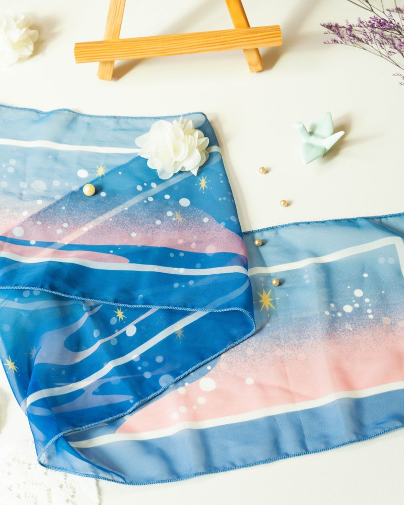 [Mountains and Starry Sky] Chiffon Narrow Silk Scarf 18×90cm | Scarf and Hair Accessory Gift - Scarves - Polyester Blue