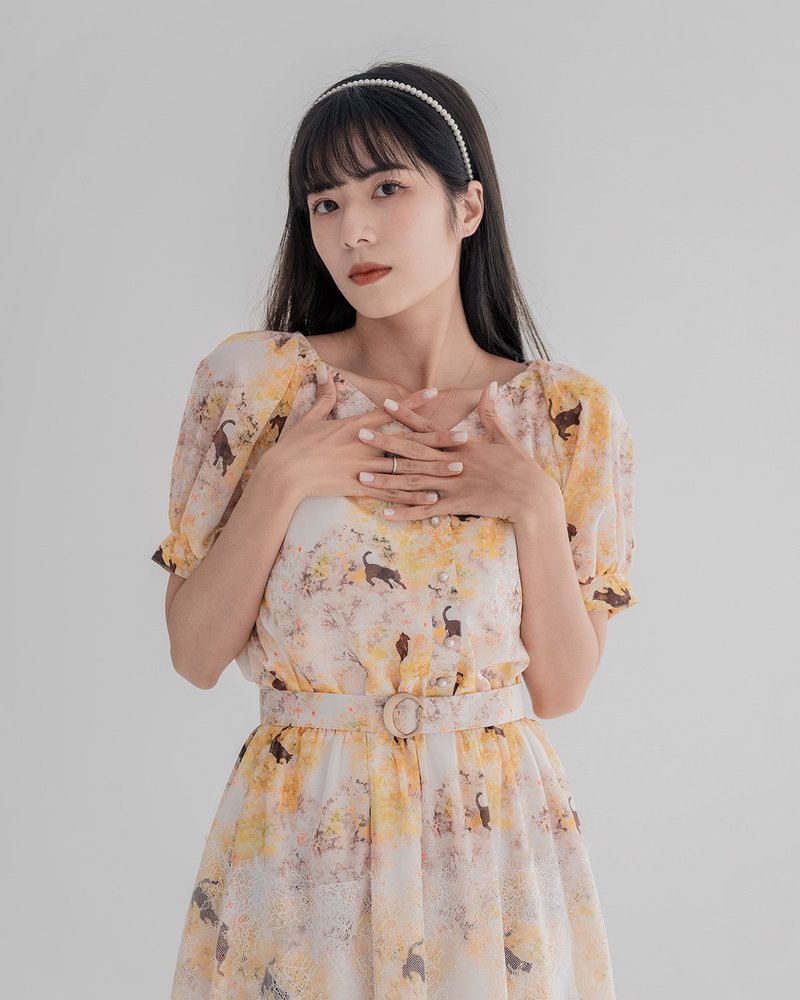 【波麗印花】森林女孩 拉克蘭袖長洋裝 蕾絲長裙 京都平等院 - 洋裝/連身裙 - 棉．麻 黃色