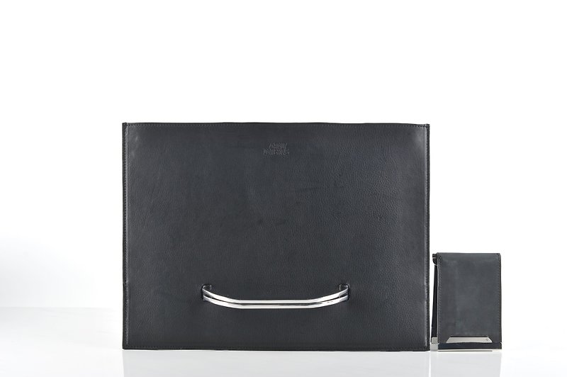 SALE Slate briefcase and Raze wallet set in black distressed leather (SET) - กระเป๋าเอกสาร - หนังแท้ สีดำ