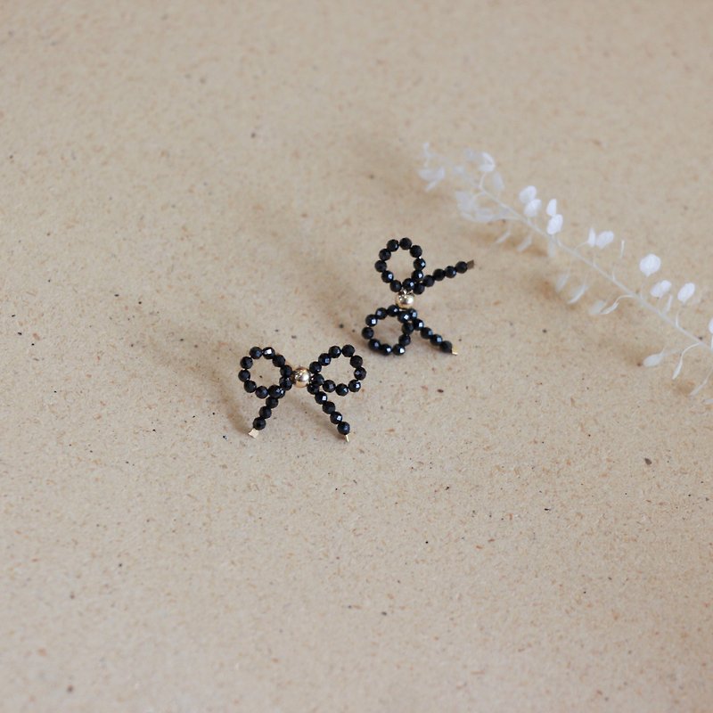 Bow Black Stone Stud Earrings 14Kgf Cute Girlfriend Gift - Earrings & Clip-ons - Crystal Black