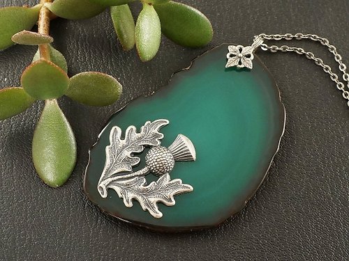 AGATIX Silver Thistle Flower Pendant Green Agate Slice Slab Celtic Necklace Jewelry