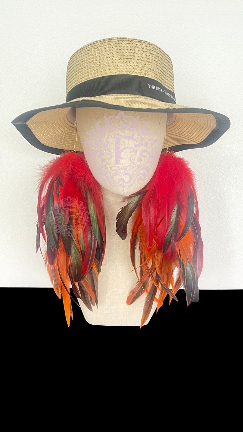 Long Feather Earrings, Red and Orange Feather Statement Earrings - ต่างหู - ขนของสัตว์ปีก สีแดง