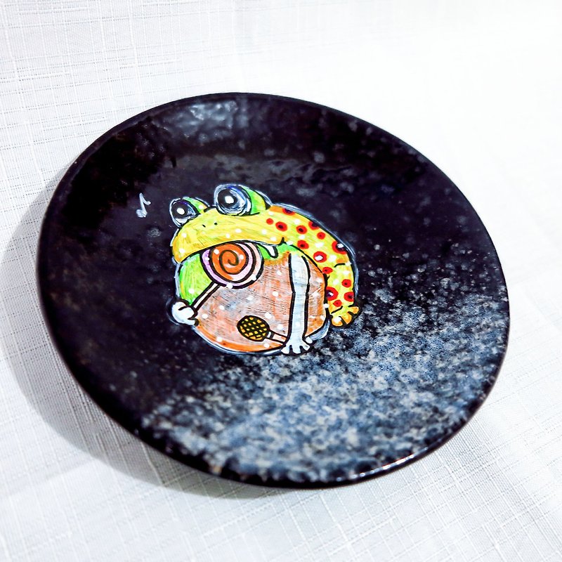 療癒陶瓷手繪盤 - 小歌手蛙蛙(14cm) - 花瓶/陶器 - 陶 黃色