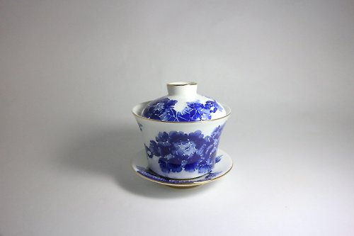 辰鼎窯 純手繪茶杯-牡丹(三件式蓋杯)-青花