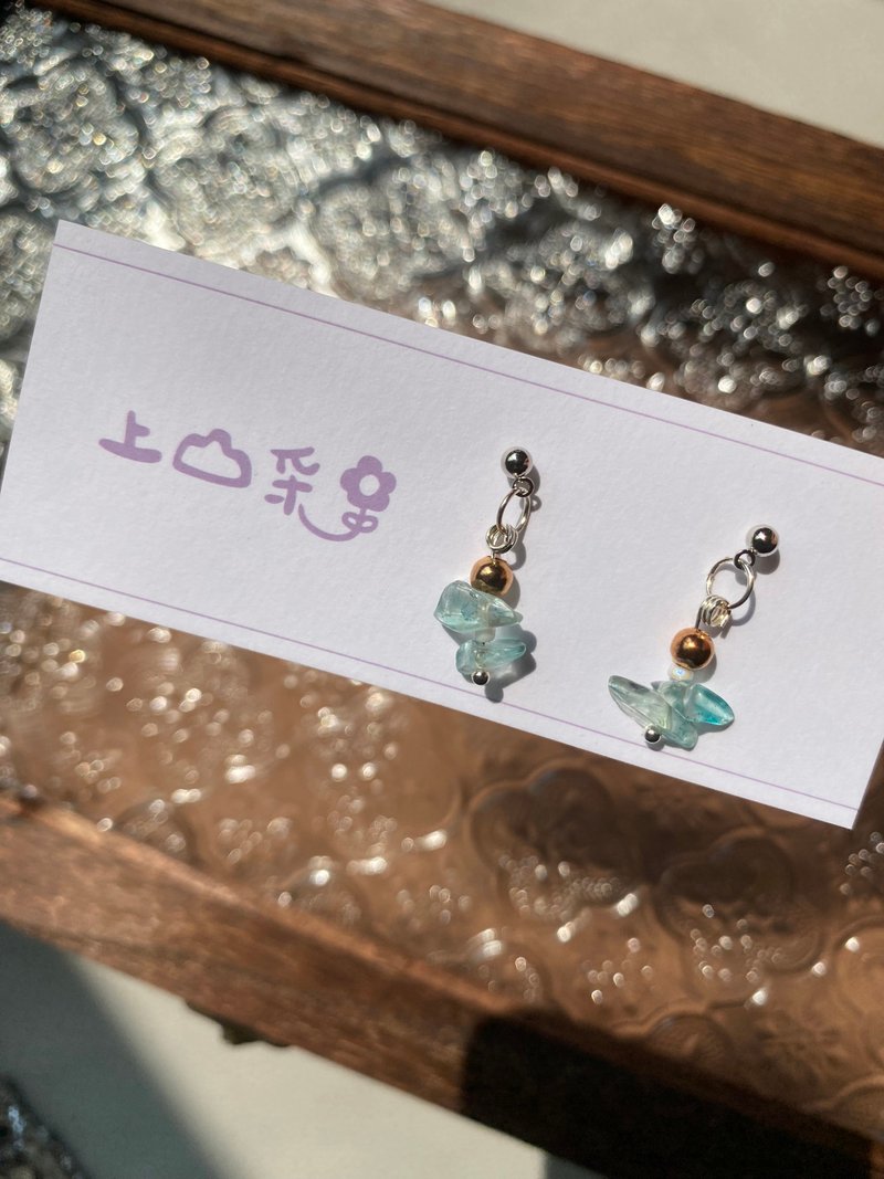 光輝歲月 天然藍磷灰水晶耳環 客製 改夾 送禮 客製化 - 耳環/耳夾/耳骨夾 - 寶石 藍色