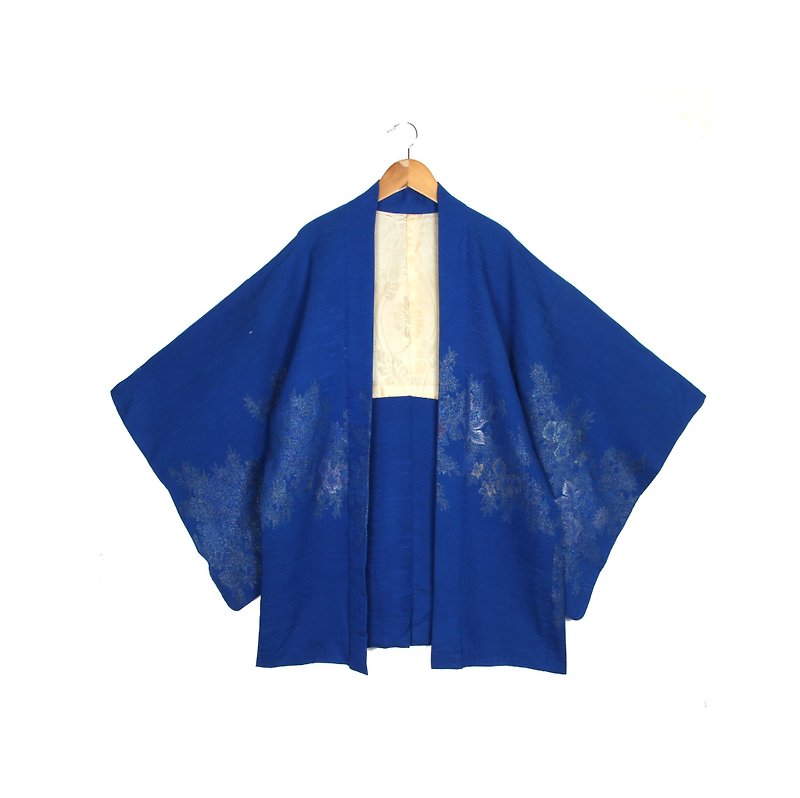 [ヴィンテージ]ナスの花がギャラクシーヴィンテージ着物の羽織を印刷します - オーバーオール - ポリエステル ブルー